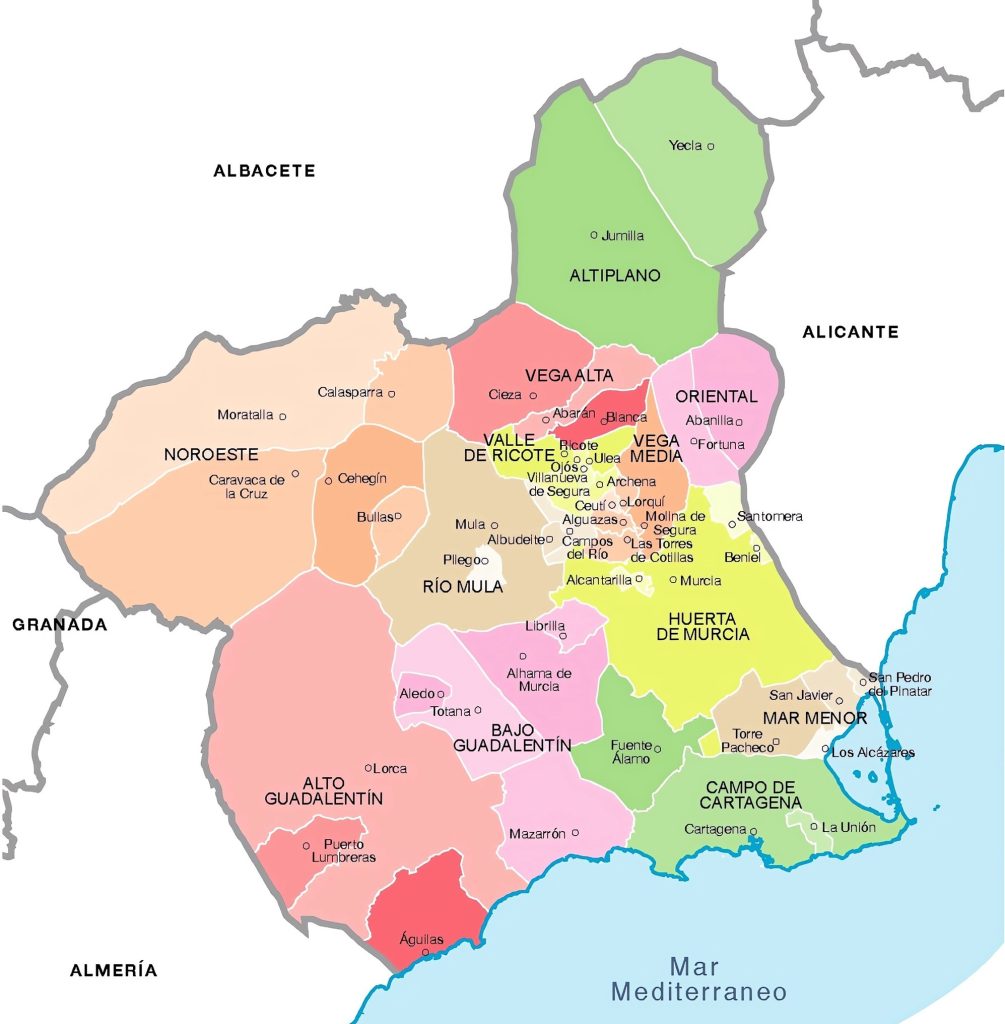 Mapa de los municipios de la Región de Murcia.