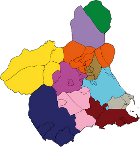 Mapa mudo de los partidos judiciales de la Región de Murcia.