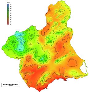 Precipitación media anual en la Región de Murcia.