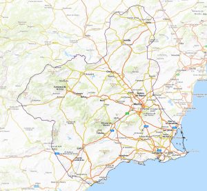 Mapa en relieve de la Región de Murcia.