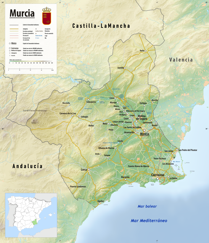 Mapa físico de la Región de Murcia.