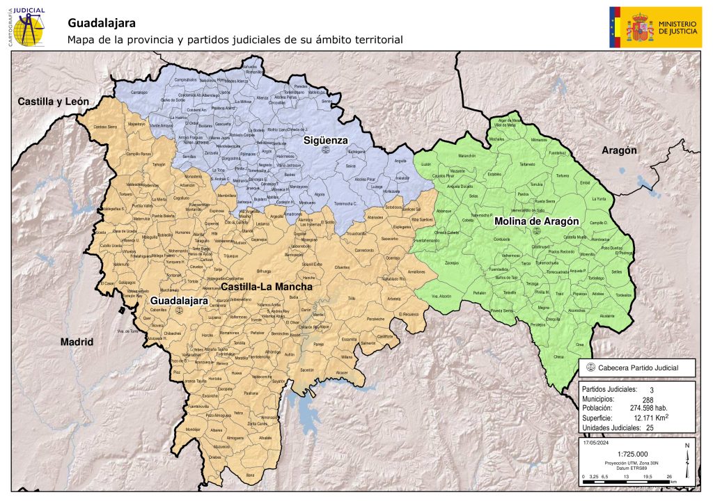 Mapa de los partidos judiciales de la provincia de Guadalajara.