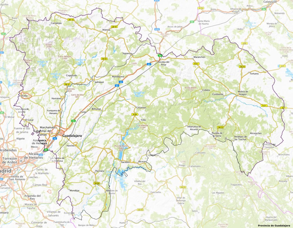 Mapa físico de la provincia de Guadalajara.