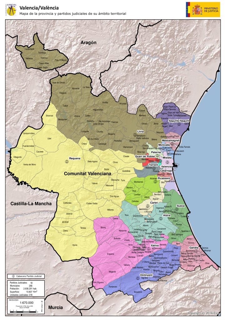 Mapa de los partidos judiciales de la provincia de Valencia.