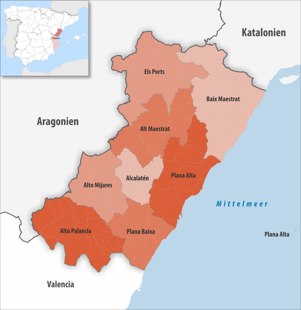 Mapa de las comarcas de la provincia de Castellón.