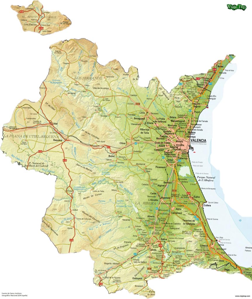 Mapa de carreteras de la provincia de Valencia.