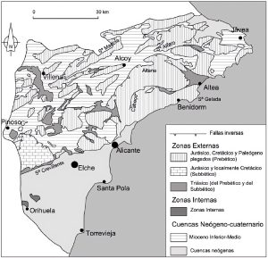 Mapa geológico de la provincia de Alicante.