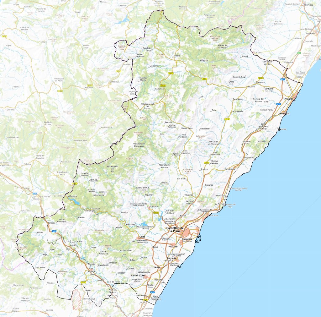 Mapa físico de la provincia de Castellón.