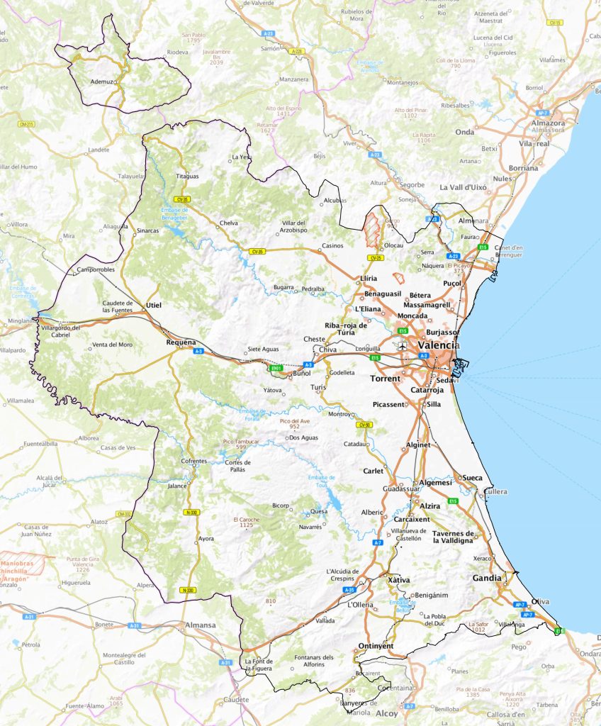 Mapa físico de la provincia de Valencia.