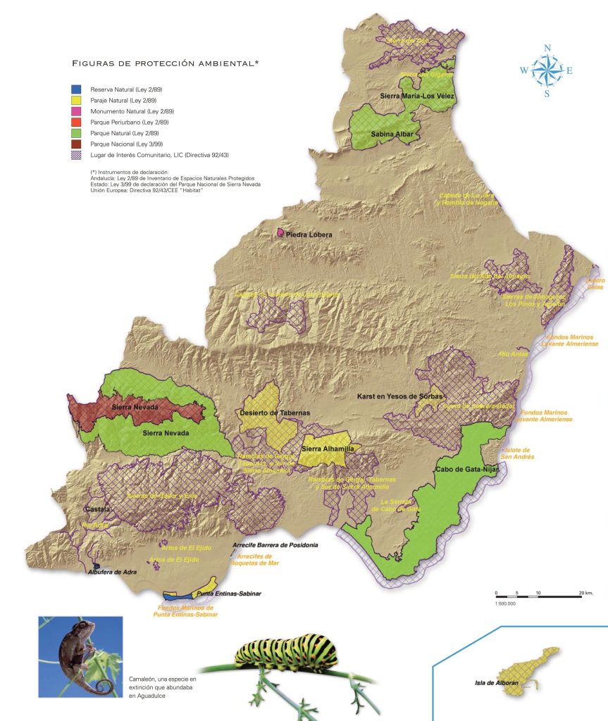 Mapa de espacios naturales protegidos en la provincia de Almería.