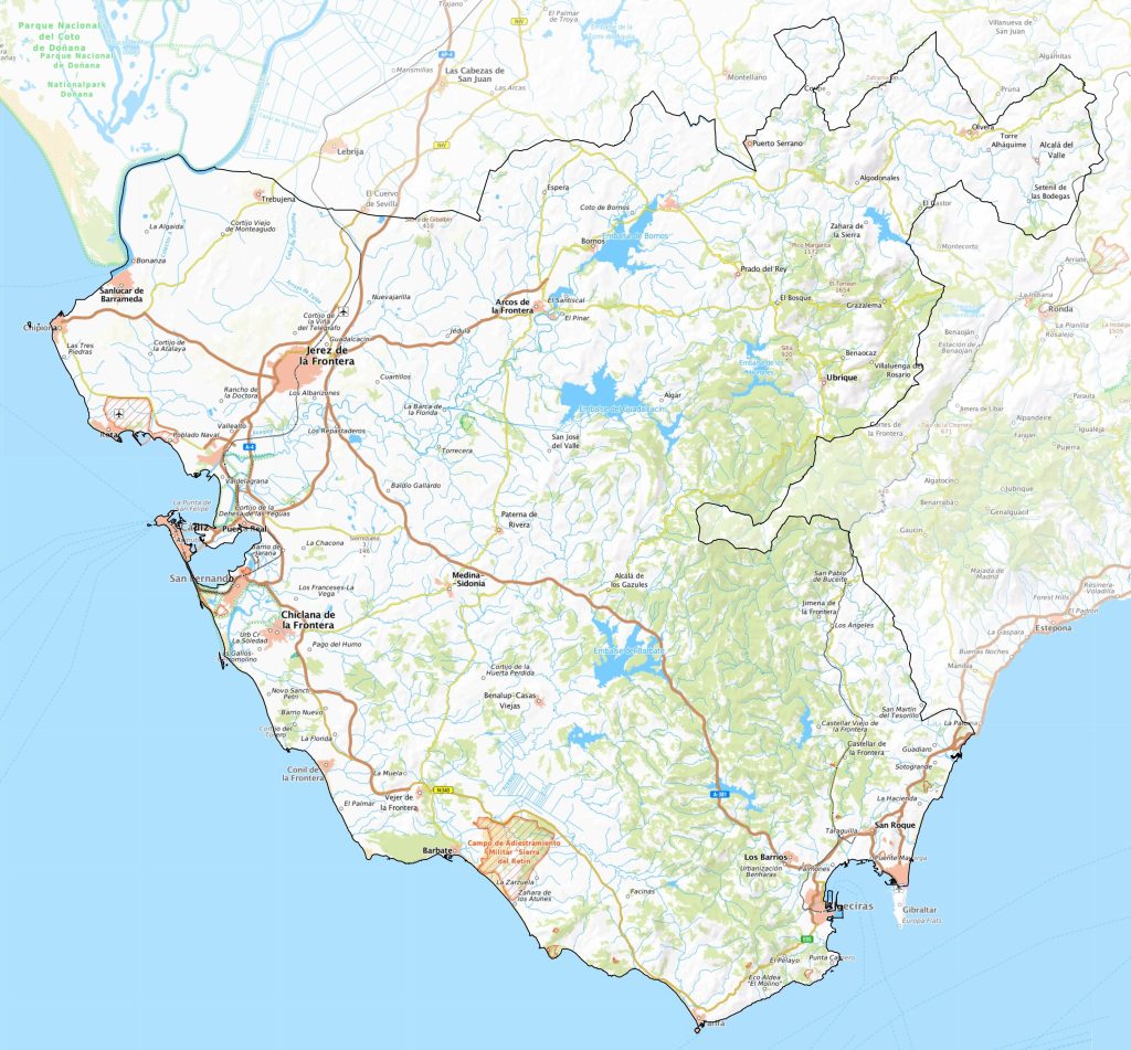 Mapa físico de la provincia de Cádiz.