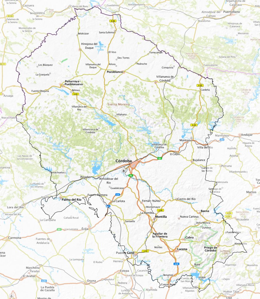 Mapa físico de la provincia de Córdoba (España).