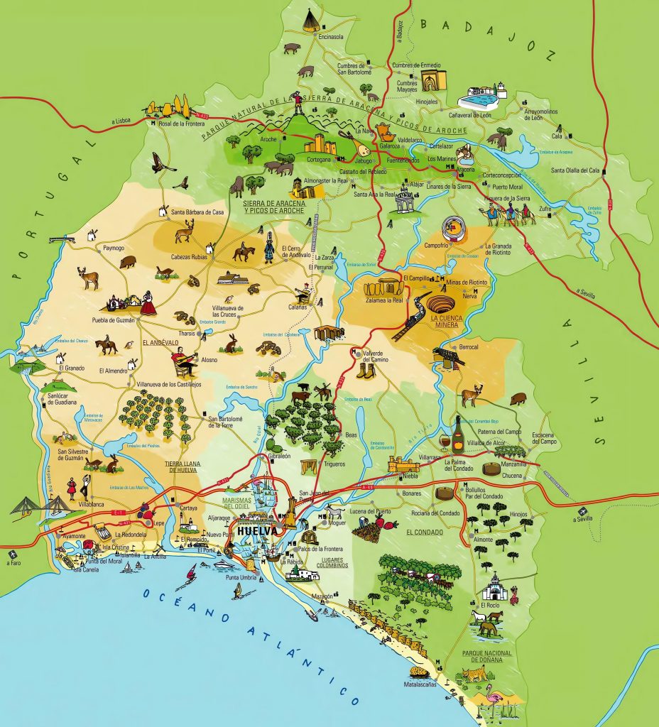 Mapa turístico de la provincia de Huelva.