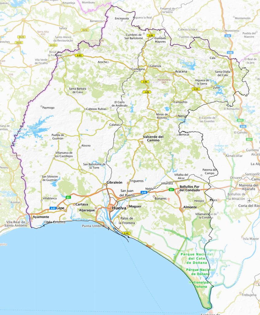 Mapa físico de la provincia de Huelva.