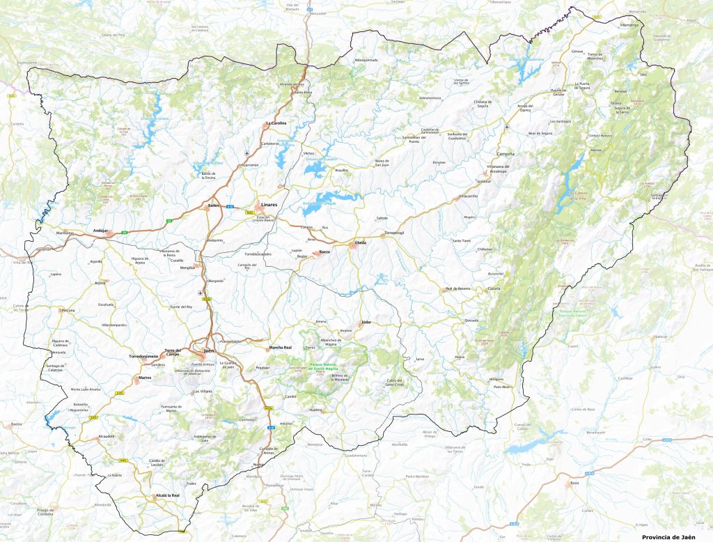 Mapa físico de la provincia de Jaén (España).
