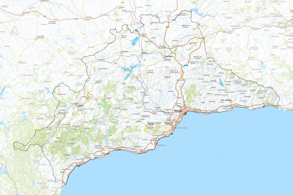 Mapa físico de la provincia de Málaga.