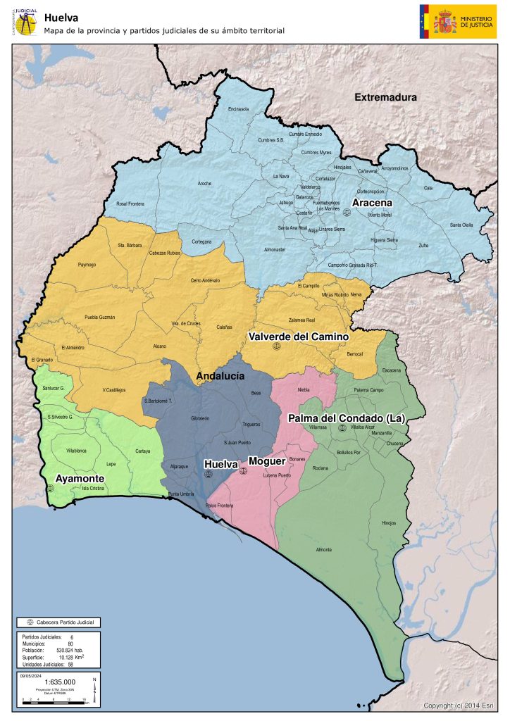 Mapa de los partidos judiciales de la provincia de Huelva.