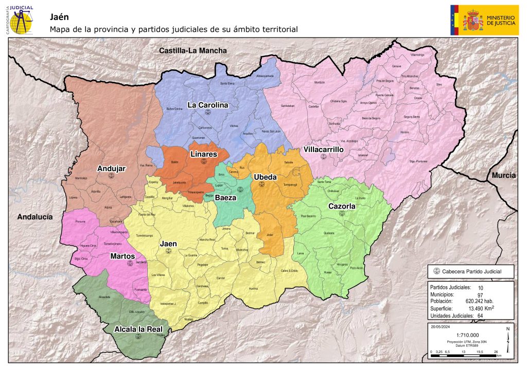 Mapa de los partidos judiciales de la provincia de Jaén (España).
