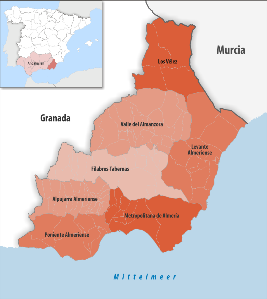 Mapa de las comarcas de la provincia de Almería.