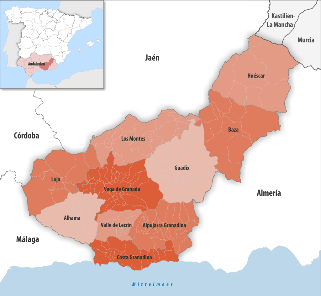 Mapa de las comarcas de la provincia de Granada.