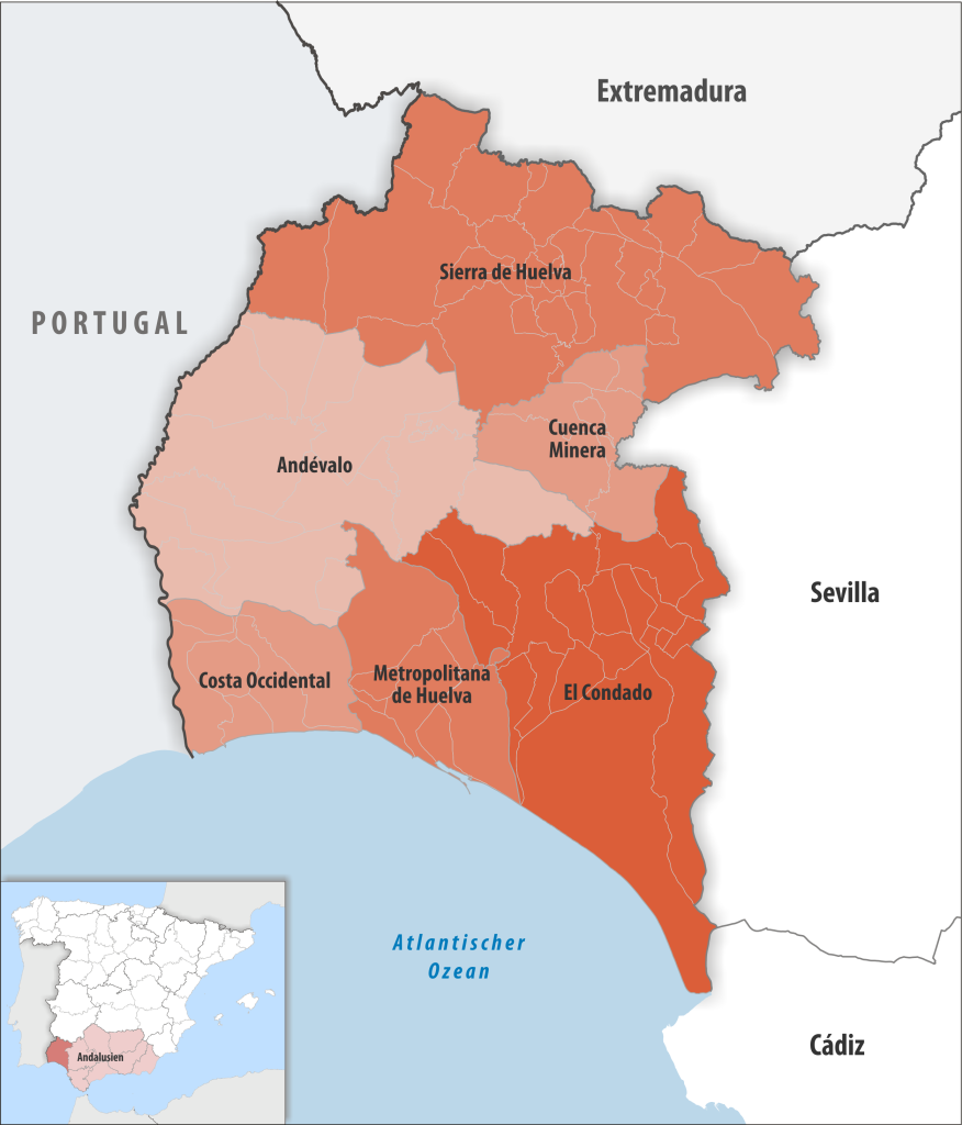 Mapa de las comarcas de la provincia de Huelva.
