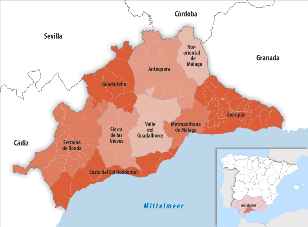 Mapa de las comarcas de la provincia de Málaga.