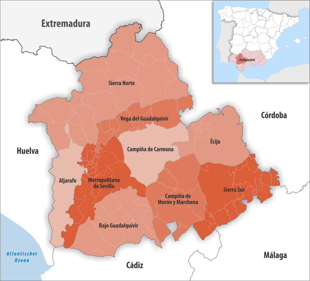 Mapa de las comarcas de la provincia de Sevilla.