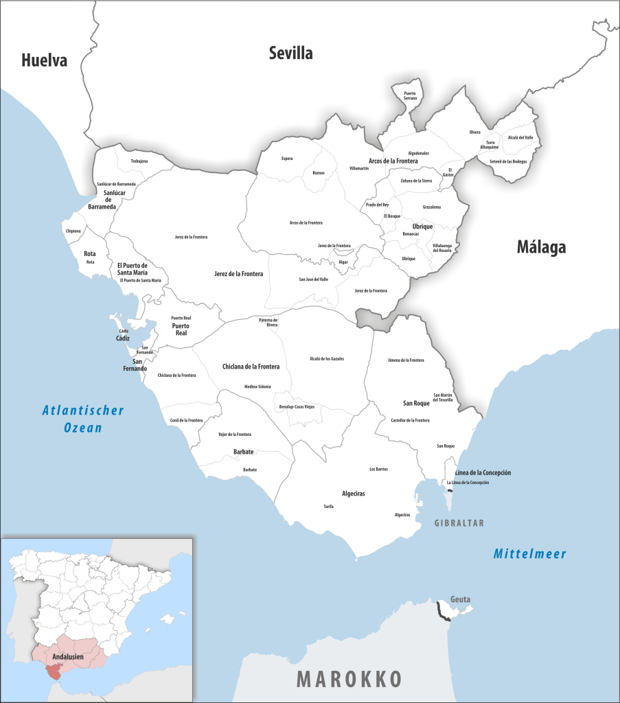 Mapa de los municipios de la provincia de Cádiz.
