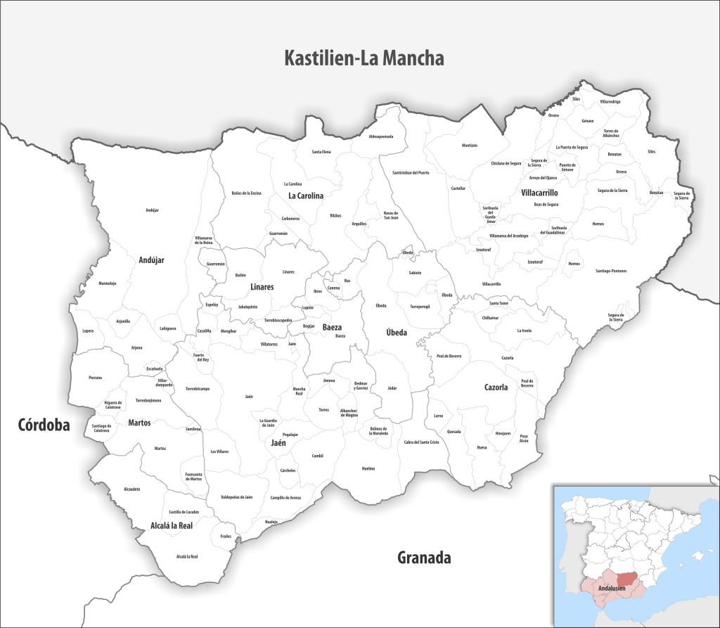 Mapa de los municipios de la provincia de Jaén (España).