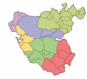 Mapa mudo de las comarcas de la provincia de Cádiz.