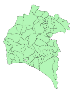 Mapa mudo de los municipios de la provincia de Huelva.