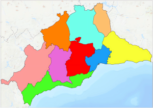 Mapa mudo de las comarcas de la provincia de Málaga.