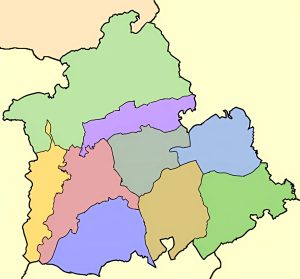 Mapa mudo de las comarcas de la provincia de Sevilla.