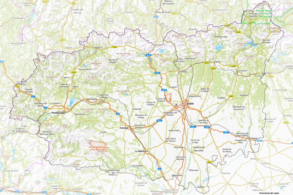 Mapa físico de la provincia de León.