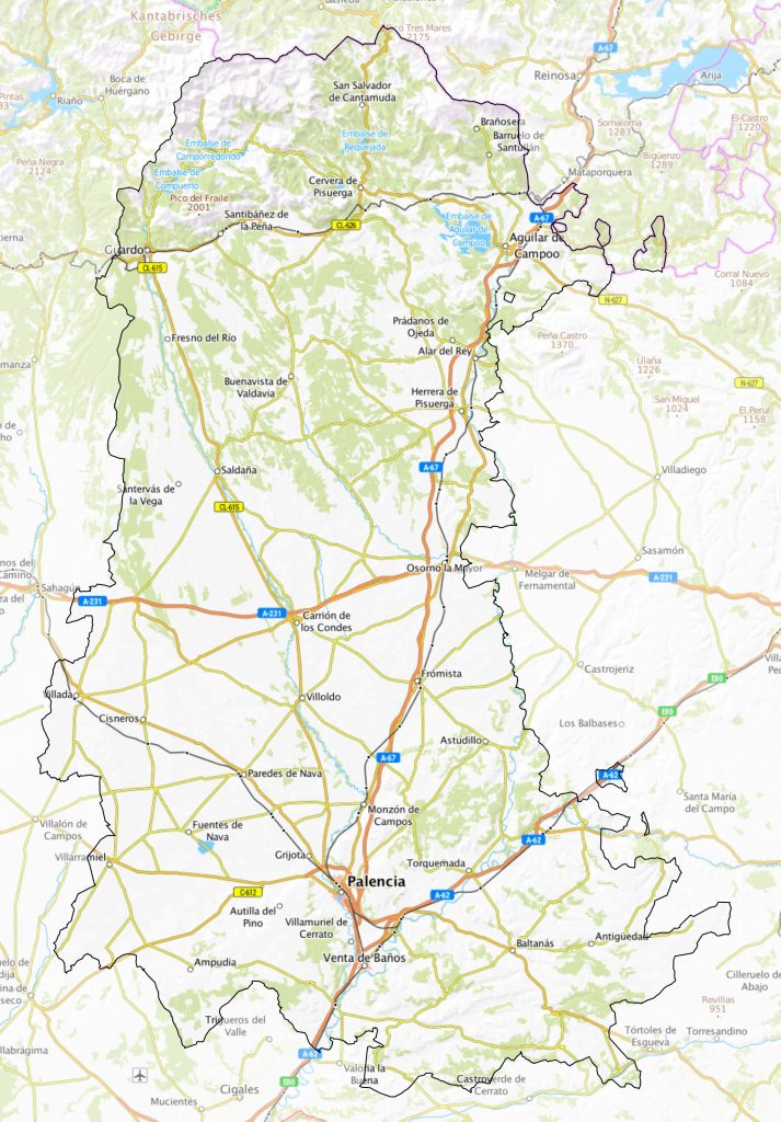 Mapa físico de la provincia de Palencia.