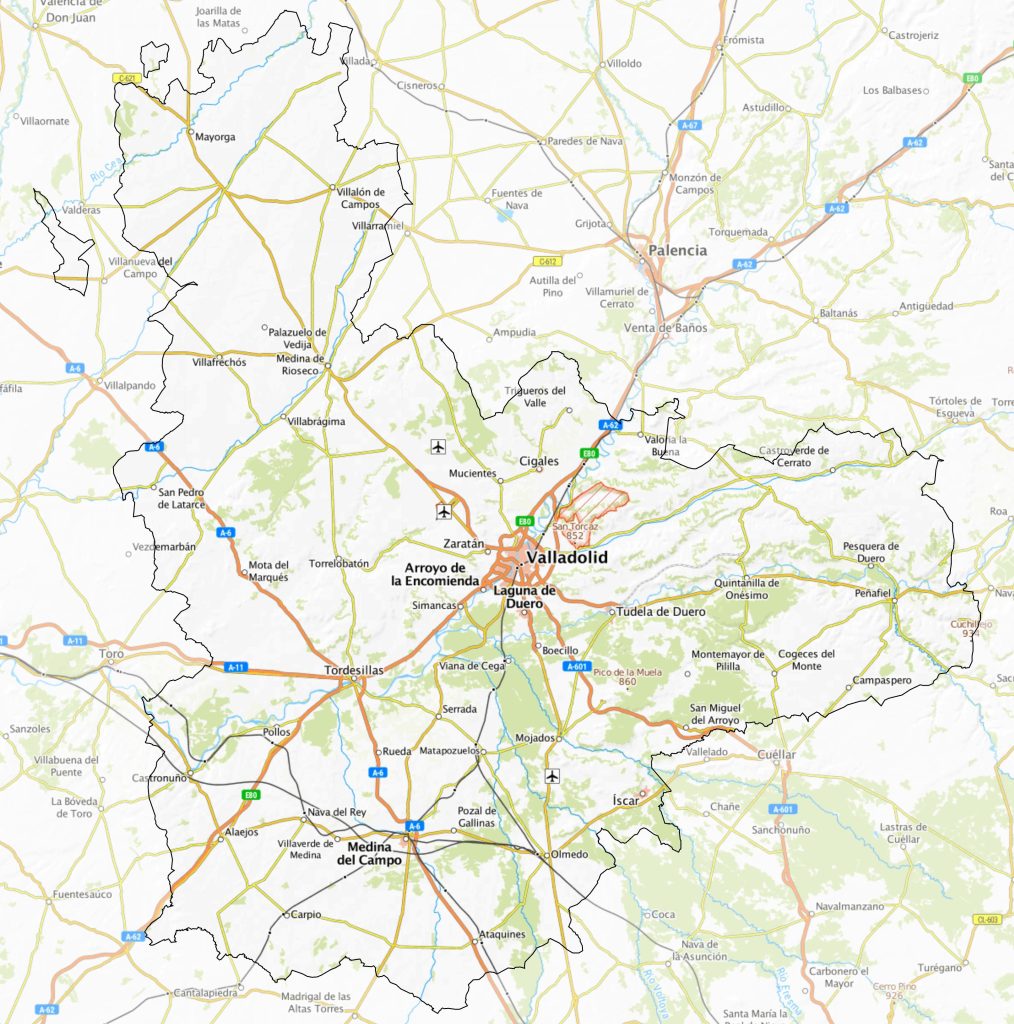 Mapa físico de la provincia de Valladolid.