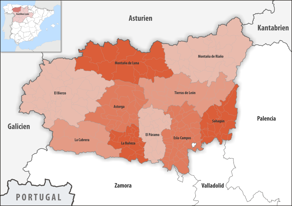 Mapa de las comarcas de la provincia de León.