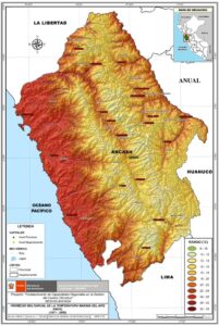 Mapa de temperatura máxima promedio del departamento de Ancash 1971-2000.
