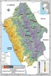 Mapa de temperatura mínima promedio del departamento de Ancash 1971-2000.