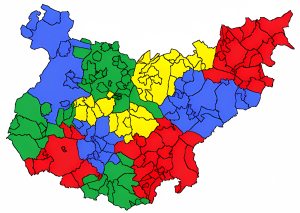 Mapa mudo de las comarcas de la provincia de Badajoz.