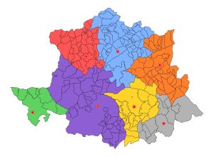 Mapa mudo de los partidos judiciales de la provincia de Cáceres.
