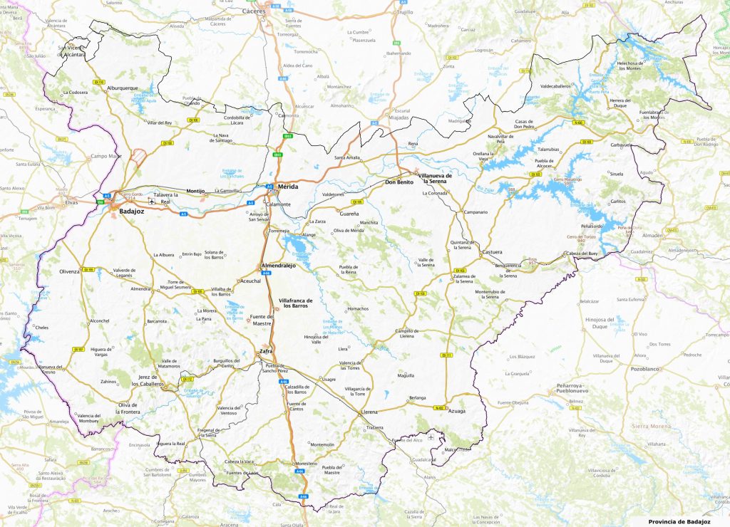 Mapa físico de la provincia de Badajoz.