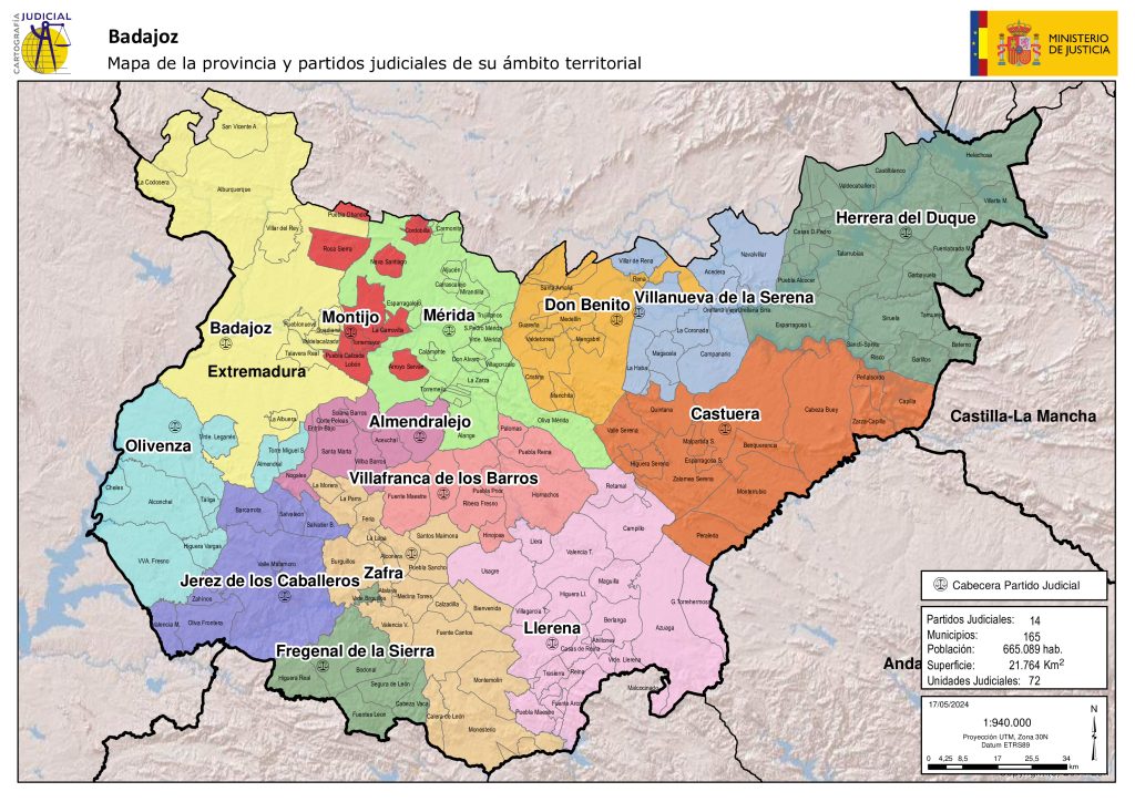 Mapa de los partidos judiciales de la provincia de Badajoz.