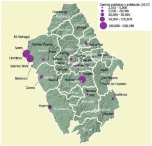 Mapa de los centros poblados y población en el departamento de Áncash.