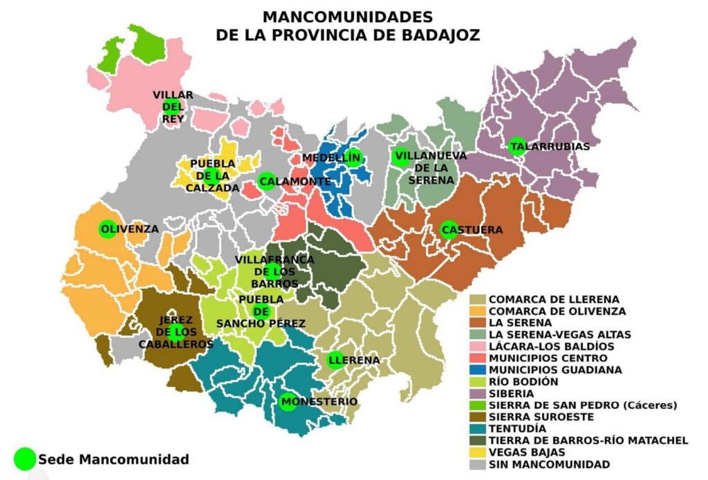 Mapa de las mancomunidades de la provincia de Badajoz.