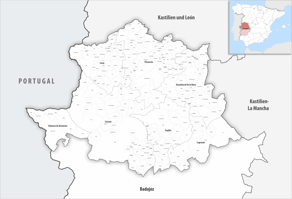 Mapa de los municipios de la provincia de Cáceres.