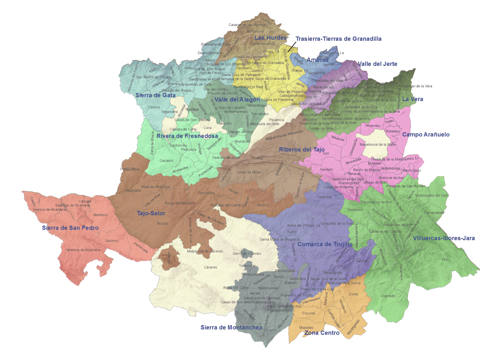 Mapa de las mancomunidades integrales de la provincia de Cáceres.