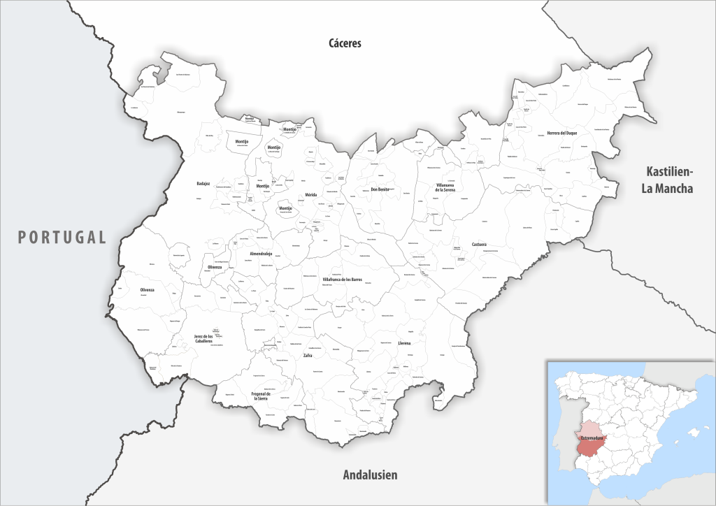Mapa de los municipios de la provincia de Badajoz.