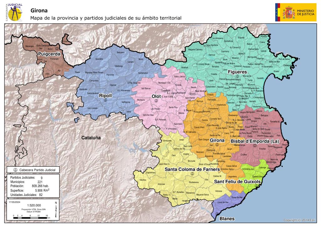Mapa de los partidos judiciales de la provincia de Gerona.