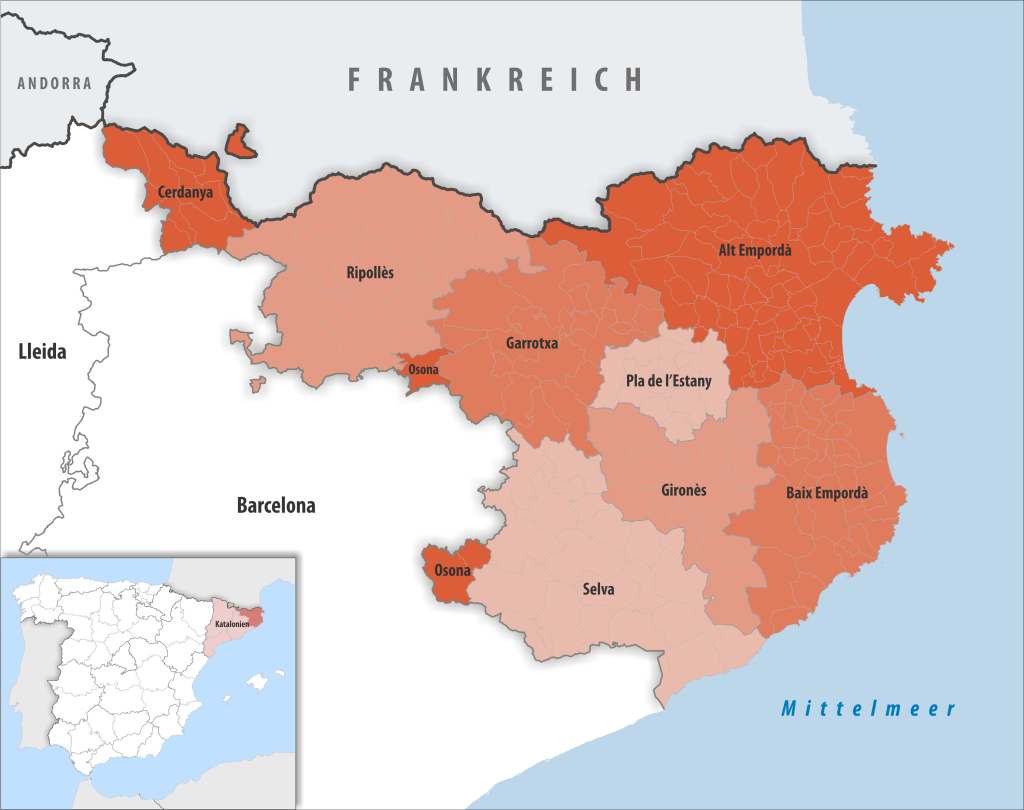 Mapa de las comarcas de la provincia de Gerona.